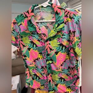 5T Cat and Jack Tropical Palm Hawaiian Black Neon Button Up